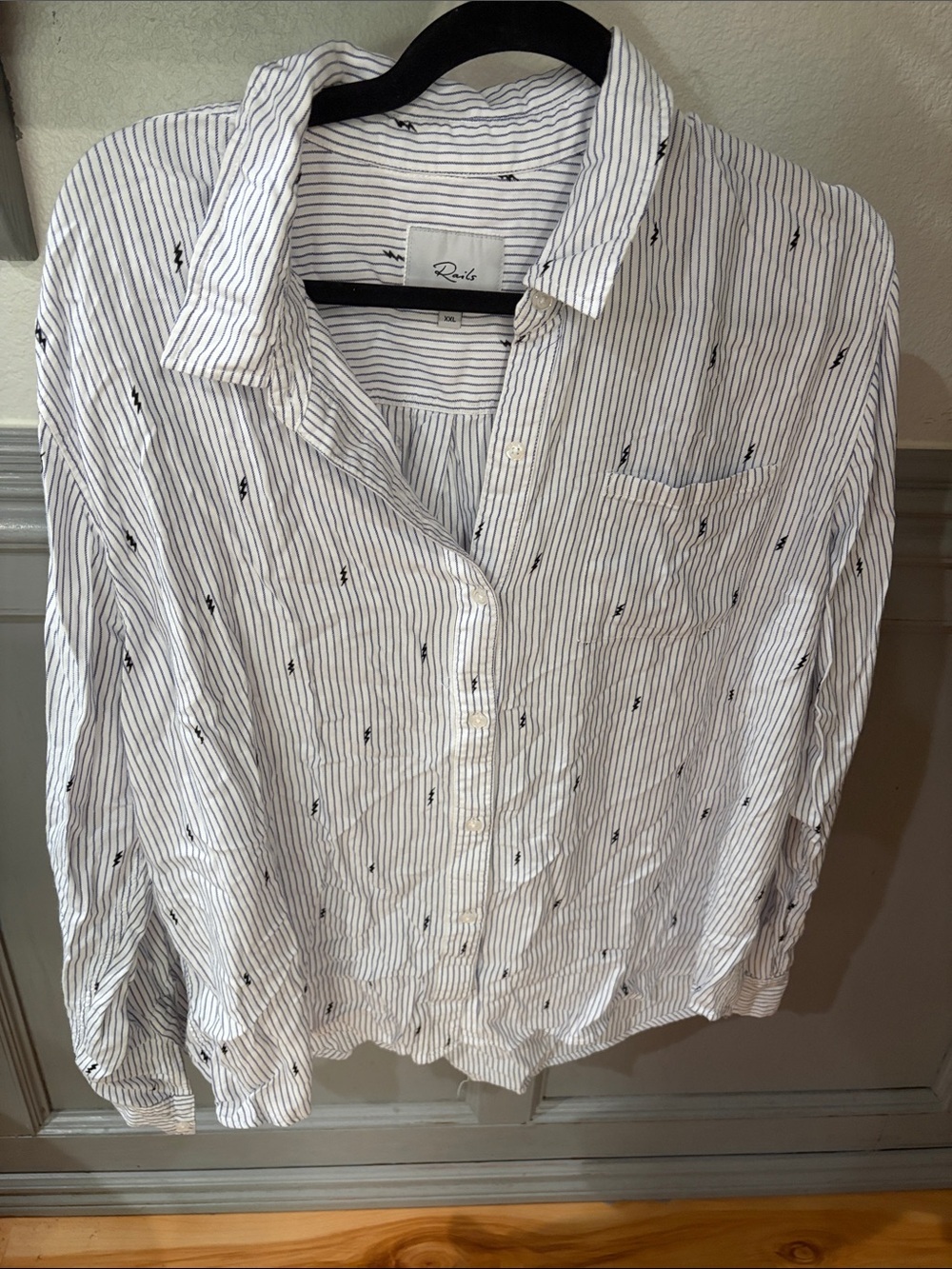 Rails White Button-Up Shirt with Navy Pinstripes and Black Lightning Motif